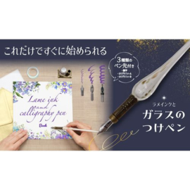 Glazen Nibhouder,  Glitter Ink,  3 Nibs + Inkpot Houder