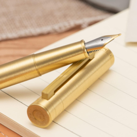 •	Hongdian # 1861 Fountain Pen, Long Blade Nib, Raw Brass Design with Converter and Metal Pen Case Set