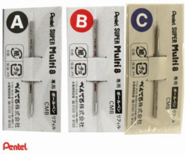 Pentel Super Multi 8 Ballpoint Pen Refill - 0.7 mm - Set van 3 Zwart, Rood en Blauw verpakt in een Zipperbag