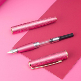 Hongdian A3 Pink Aluminum Fountain Pen, Iridium Long Blade Fine Nib  + Tin Box
