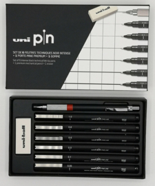 Uni Ball Pin Fineliner set Zwart 6 stuks + Vulpotlood en Gu
