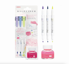 Zebra Mildliner Highlighter Brushpennen NO MOTO set van 3 + Bottle Pink  Ink