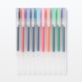 Muji Gelpennen 0.5mm Set met 10 Kleuren: Zwart, Blauw-Zwart, Blauw, Rood, Oranje,  Groen, Paars, Roze, Lime en Licht Blauw