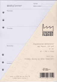 Aanvulling Ongedateerde Weekplanner 120g/m² Wit A5 Papier voor Succes, Filofax of Kalpa Organizers