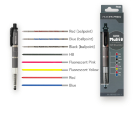 Pentel Super Multi 8  Kleuren 2mm Vulpotlood + 3  Balpen Vullingen, 1 HB-potloodstift en 4 Vullingen # XPH803