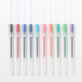 Muji Gelpennen 0.38mm Set met 10 Kleuren: Zwart, Blauw-Zwart, Blauw, Rood, Oranje,  Groen, Paars, Roze, Lime en Licht Blauw