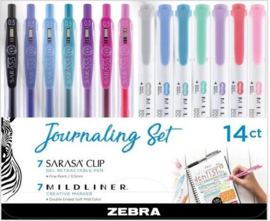 Zebra Journaling Set met 7 Mildliners en 7 Sarasa Clip 0.5mm Gelpennen, Set van 14 verpakt in een  Luxe Zipperbag
