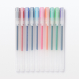 Muji Gelpennen 0.38mm Set met 10 Kleuren: Zwart, Blauw-Zwart, Blauw, Rood, Oranje,  Groen, Paars, Roze, Lime en Licht Blauw