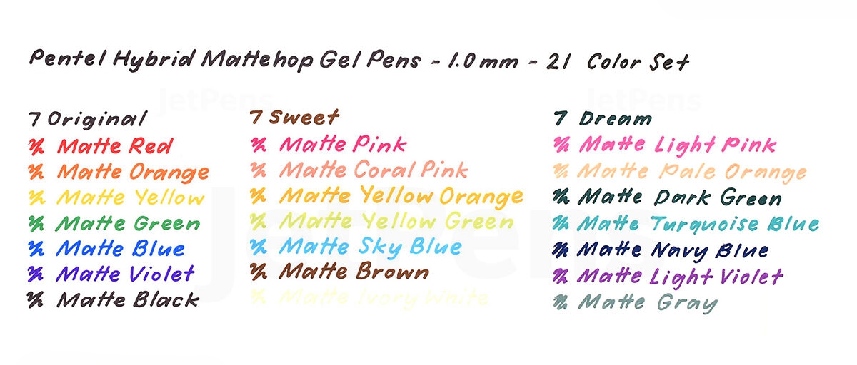 Pentel Hybrid Mattehop Gel Pennen  - 1.0 mm - 21 Kleuren  Complete Set  # K110-V21ST  