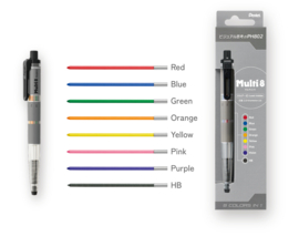 Pentel Multi 8  Kleuren 2mm Vulpotlood + 1 HB-stift en 7 Gekleurde Vullingen  # XPH802