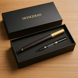 HongDian # 1808 Calligraphy Brush Pen, Black Sandalwood, Brass Cap  + Converter in Luxury Gift Box