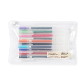Muji Gelpennen 0.5mm Set met 10 Kleuren: Zwart, Blauw-Zwart, Blauw, Rood, Oranje,  Groen, Paars, Roze, Lime en Licht Blauw