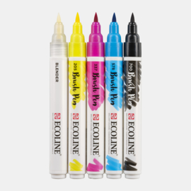 Talens Ecoline Brush Pen - Primary - Set van 5 verpakt in een Handige A6 Zipperbag