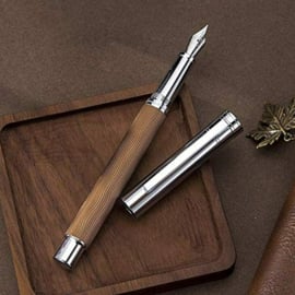 Hongdian 1843 Navigator Fountain Pen Extra Fine Nib Solid Metal, Brown Ripple Pattern with Refillable Converter
