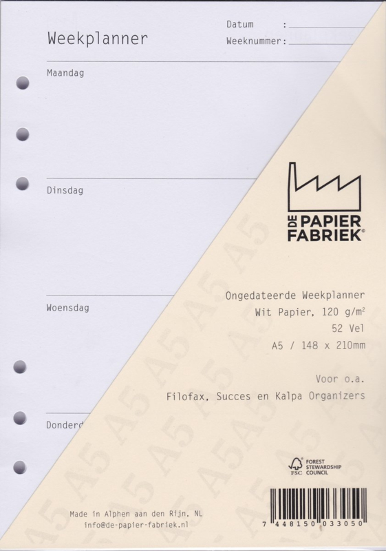 Souvenir Voorwaarden zwaar Aanvulling Ongedateerde Weekplanner 120g/m² Wit A5 Papier voor Succes,  Filofax of Kalpa Organizers | A5 Ongedateerde Weekplanner | Boeken & Pennen