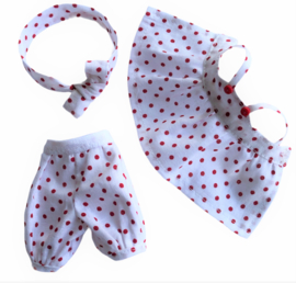 Pukifee - kledingset wit met rode polkadotjes