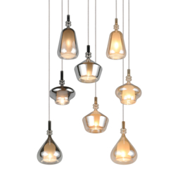 Trio lighting hanglamp Aldea, 8-lichts amber-grijsglas rond