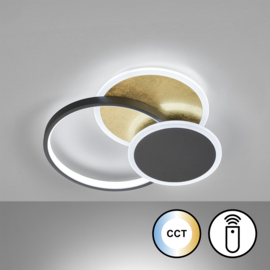 Fischer & Honsel plafondlamp Tomo rond led, mat zwart-goldleaf incl. afstandsbediening