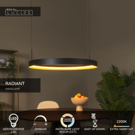 Lucide RADIANT - Hanglamp - LED Dimb. - CCT - 1x60W 2200K/4000K - Zwart