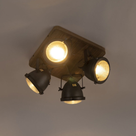 Qazqa plafondspot  Smart, 4-lichts staal met hout incl. 4 wifi GU10