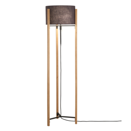 Fischer & Honsel vloerlamp Shine Wood, eiken met stoffen kap zwart