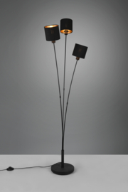 Trio lighting vloerlamp Tommy, 3-lichts mat zwart met zwart-goud kappen