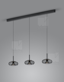 Helestra  hanglamp Clair led, 3-lichts zwart -  smoke glas