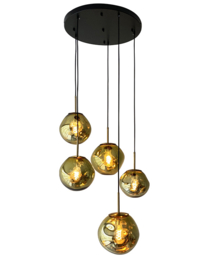 Light trend hanglamp Din EI, 5-lichts met goud kleur glas