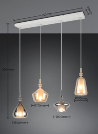 Trio lighting hanglamp Aldea, 4-lichts amber-grijsglas
