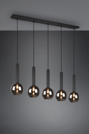 Hanglamp Clayton, 5-lichts zwart met rookglas