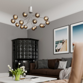 By Rydéns hanglamp Galax, 15-lichts chroom met smoke glas incl. ledbron