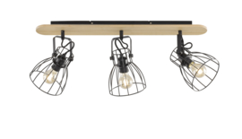 Fischer & Honsel plafondspot  Die, 3-lichts zwart met hout naturel