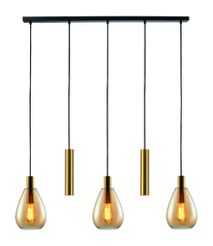 Freelight hanglamp Dorato,  5-lichts zwart-goud met amber glas