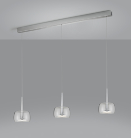 Helestra  hanglamp Flute led, 3-lichts nikkel met helder glas