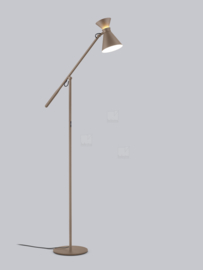Helestra vloerlamp Luk led, caffee. goud-aluminium + gematteerd acryllas