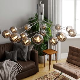 By Rydéns hanglamp Galax, 15-lichts chroom met smoke glas incl. ledbron