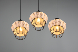 Trio lighting hanglamp Borka, 3-lichts zwart met rotan natural