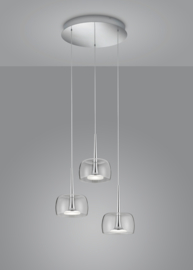 Hanglamp Flute led, 3-lichts rond nikkel met helder glas