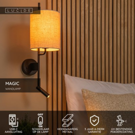 Lucide MAGIC - Wandlamp - 1xE27 - Met USB oplaadpunt - Zwart