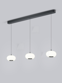 Helestra hanglamp Sapo led, 3-lichts balk zwart opal glas
