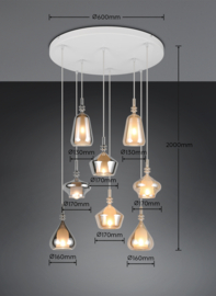 Trio lighting hanglamp Aldea, 8-lichts amber-grijsglas rond