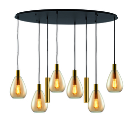 Freelight hanglamp Dorato,  8-lichts zwart-goud met amber glas