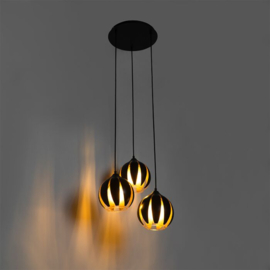 Qazqa hanglamp Melone, 3-lichts zwart met goud