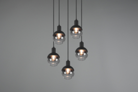 Trio lighting hanglamp Mela, 5-lichts zwart met glas