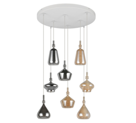 Trio lighting hanglamp Aldea, 8-lichts amber-grijsglas rond