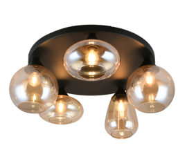 Trio-lighting plafondlamp Lumina, 5-lichts zwart amberglas