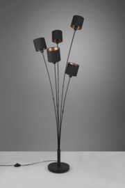 Trio lighting vloerlamp Tommy, 5-lichts mat zwart met zwart-goud kappen