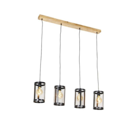 Qazqa hanglamp Cage Robusto 4-lichts zwart met hout