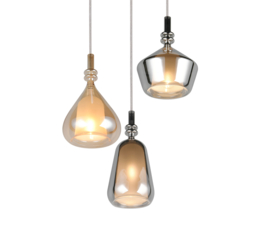Trio lighting hanglamp Aldea, 3-lichts amber-grijsglas