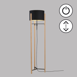 Fischer & Honsel vloerlamp Shine Wood, eiken met stoffen kap zwart